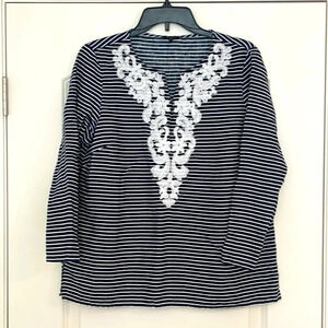 Talbots Blue/White Striped Linen Embroidered Top Size Medium